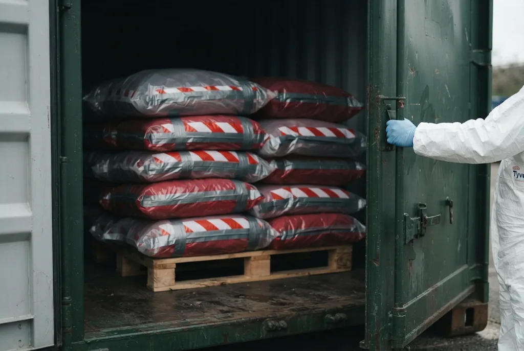 Labelled asbestos bags in a container