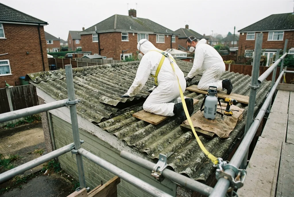 Licensed crew removing asbestos cement sheets from a roof