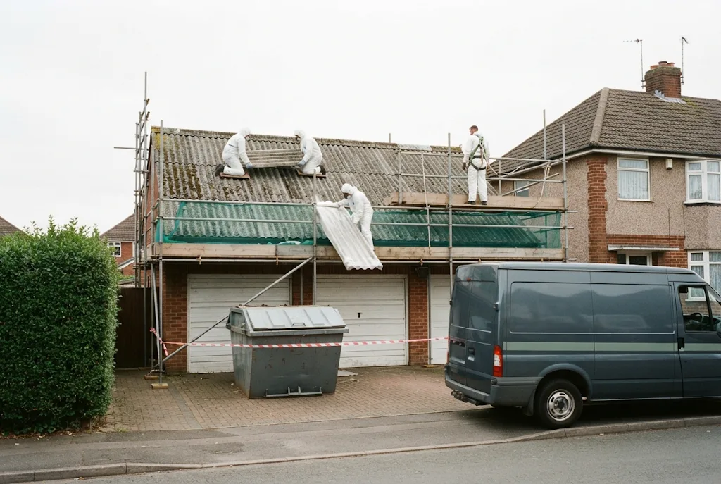 Sheets lowered from a scaffolded garage roof